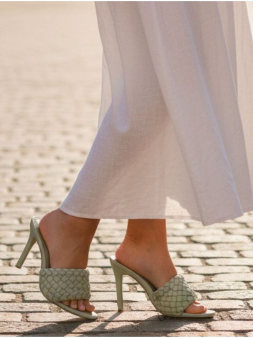 Woven Sage Green High Heel Mules With Padded Straps - Elegant Slip-On Design For